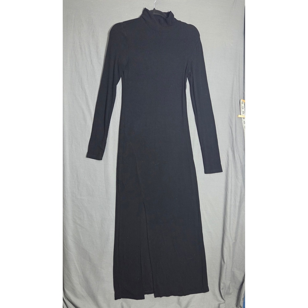 Elodie Black Ribbed Mock Neck Maxi Dress Long Sleeve Front Slit Size S